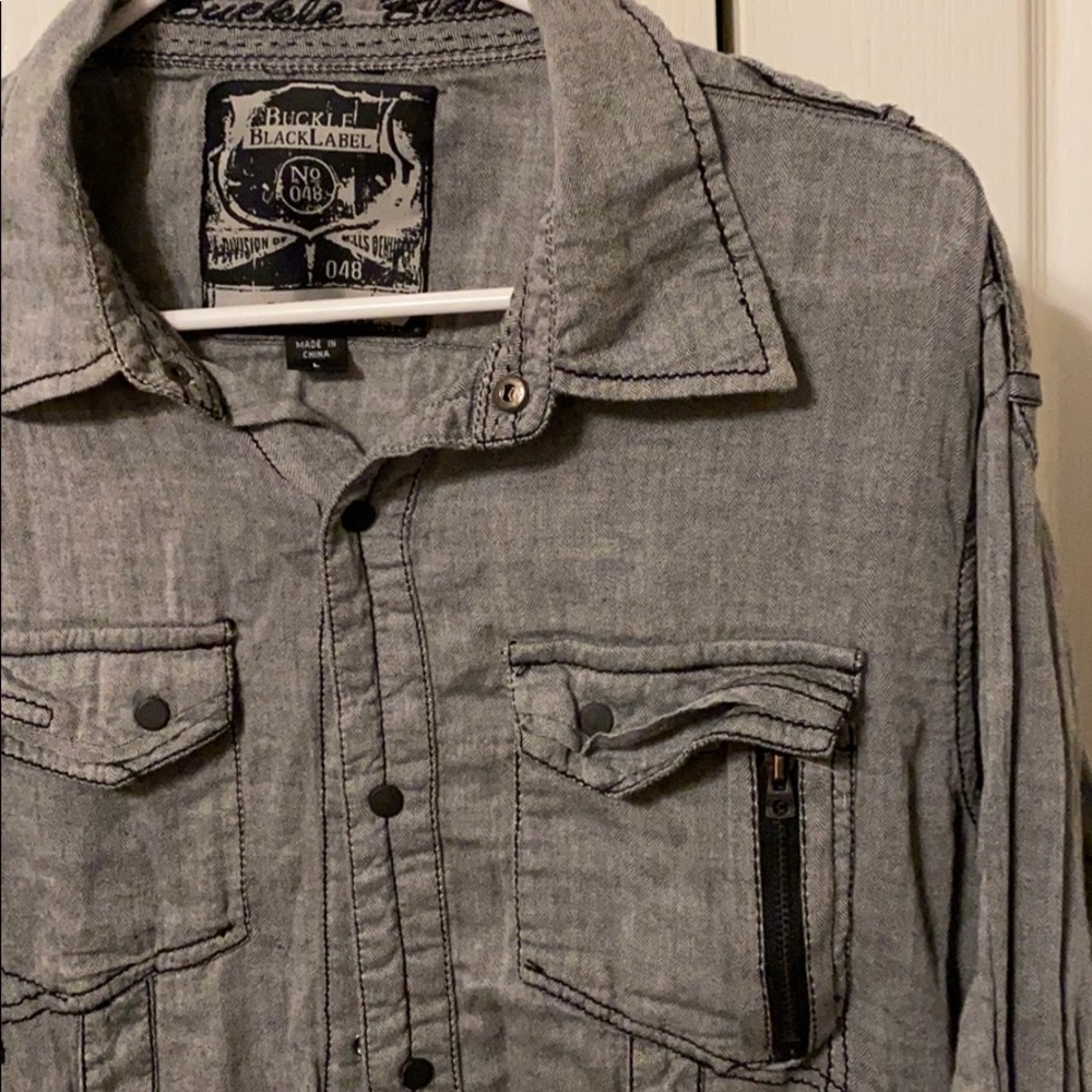 Grey Striped Black Label Long Sleeve Button Up (L)